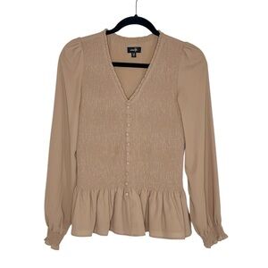 On Twelfth Light Brown Tan Poetcore Romantic Button Front Ruffle Hem Blouse